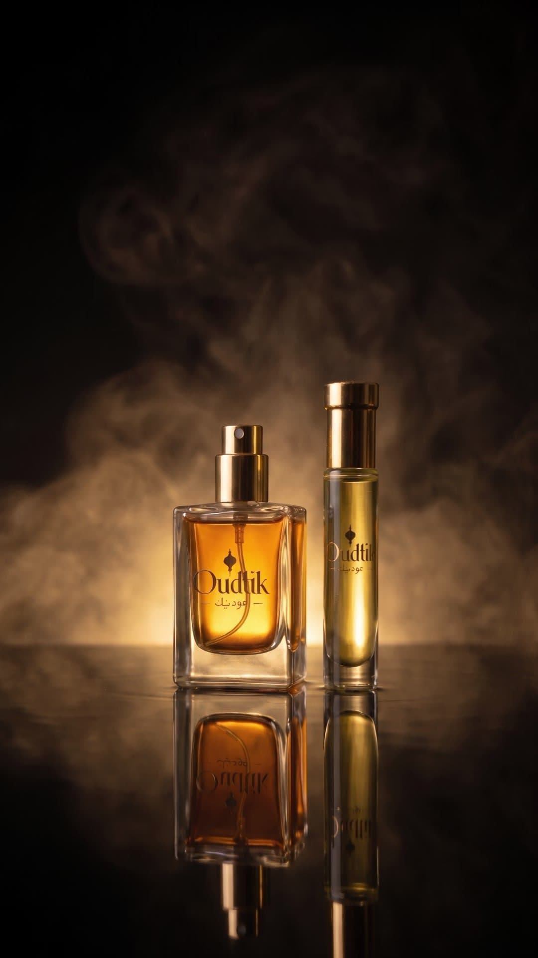 Oudtik perfume spray and oil roll-on on still black water in warm golden light