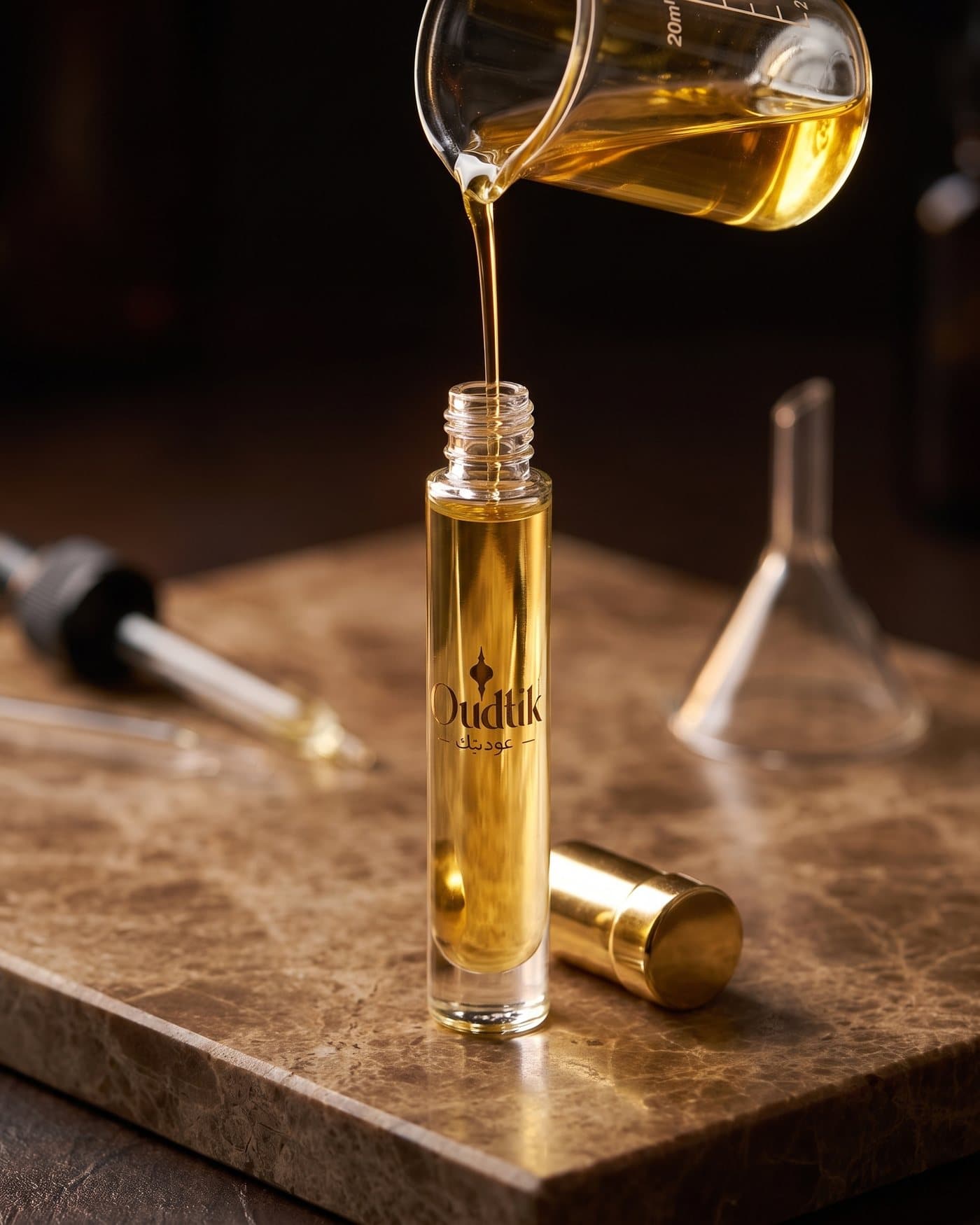 Amber fragrance oil poured into an Oudtik roll-on bottle
